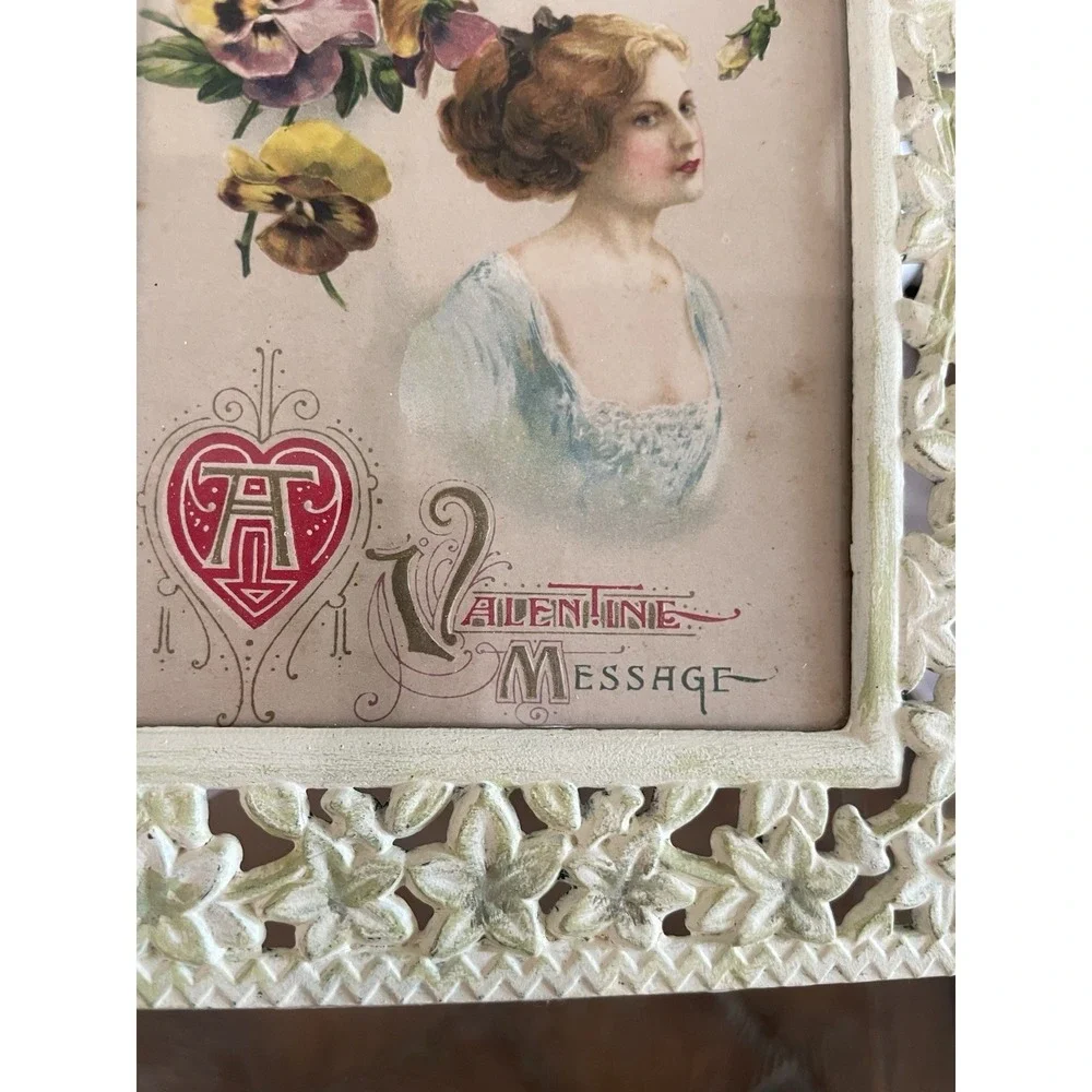 Vtg Victorian Valentine Card Framed in Metal Floral Easel Back Frame 5x7